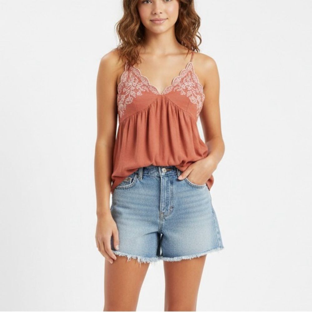 Love on a Hanger Terracotta Embroidered Babydoll Coquette Cami Top SZ M